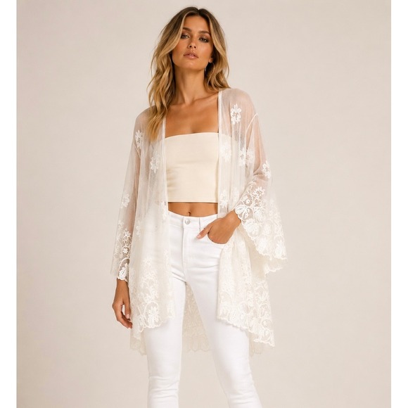 me & u Sweaters - me‎ and u Lace Mesh Embroidered Kimono Boho Open Front Duster Fairy Prairie / 2X